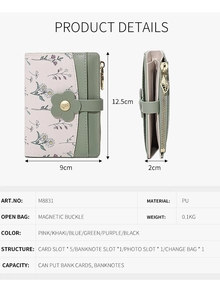 Short PU leather wallet with floral print, magnetic flower clasp and leaf zipper detail