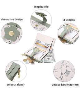 Detail of floral PU leather wallet with snap buckle, card slots and leaf zipper pull
