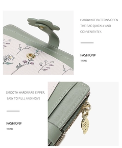 Close-up of floral PU leather wallet with flower magnetic buckle and gold leaf zipper