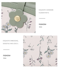 Detailed close-up of floral print leather and green flower-shaped hardware on a wallet