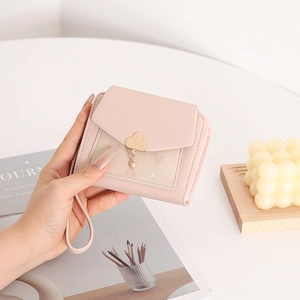 Women Small Wallet PU Leather Heart Pattern Cloud Metal Buckle Ball Pendant Short Bifold Card Holder Zip Purse Sweet Wristlet