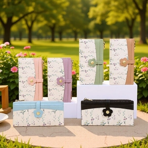 Women Long Wallet PU Leather Floral Print Multi Card Slots Zipper Pocket Flower Snap Buckle Clutch Purse Elegant