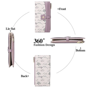 Multi-angle view of lavender floral PU leather long wallet for women with leaf zipper