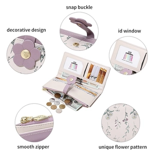 Floral PU leather wallet for women with snap buckle and smooth leaf zipper detail