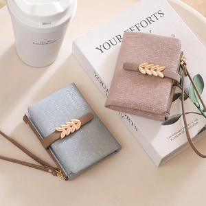 Short PU leather wallet set in pink and blue with elegant gold leaf buckle and wristlet