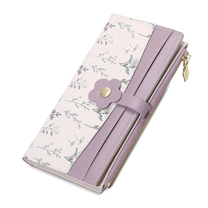 Floral PU leather long wallet for women with purple flower clasp and gold leaf zipper
