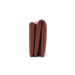 Detailed side view of dark brown PU leather wallet with triple-fold structure and lychee texture
