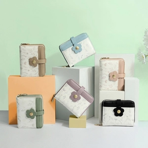 Floral PU leather women's short wallet with petal clasp and zipper in six pastel colors