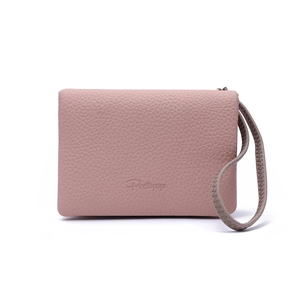 Close-up of pink litchi grain leather clutch bag with wrist strap and embossed logo