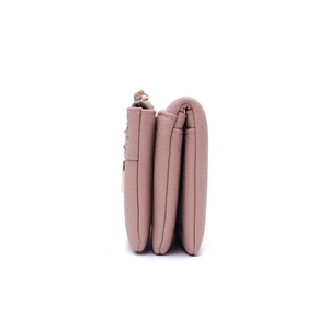 Side view of dust pink trifold wallet with dual metal zippers and litchi grain texture