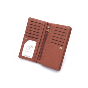 Women's brown pebbled leather long wallet with double zipper and multi-card slots