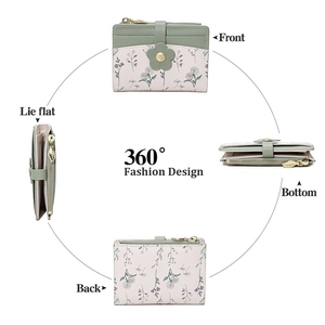 Women short floral wallet in sage green and cream PU leather with leaf zipper
