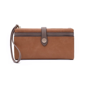 Portefeuille long rétro en cuir PU pour femmes, marron et gris, avec dragonne pratique