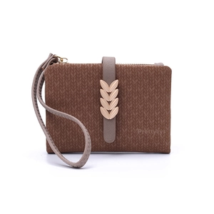 Brown bifold women wallet with knit pattern, leaf metal buckle and wrist strap