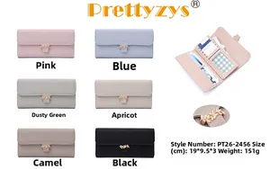 Detailed view of long PU leather wallets showing dimensions and six different color options