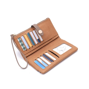 Portefeuille long en faux daim marron avec fentes pour cartes et zip intégré