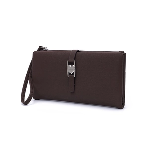 Deep coffee brown long faux leather wallet with heart buckle and wrist strap