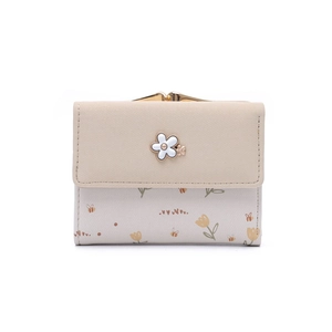 Damen-Dreifachbrieftasche mit Blumenmuster, Metallverschluss und weißer Blumenschnalle