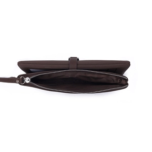 Detail of dark brown wallet featuring multiple card slots and clear ID window