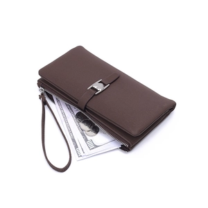 Dark brown long leather wallet with heart lock, wrist strap and large capacity