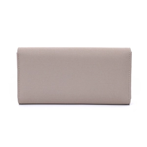 Long taupe PU leather wallet for women with cross-grain texture and metal snap closure