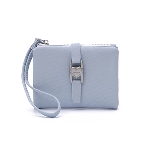 Close-up of light blue women's short wallet with heart-shaped metal buckle and wrist strap