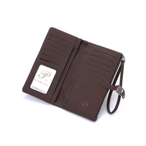 Detail view of brown leather wallet interior with multi card slots and zipper pocket