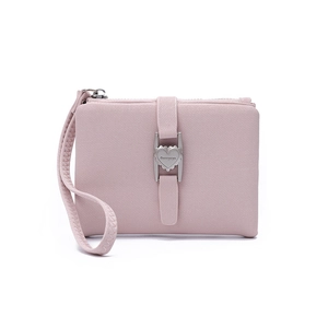 Detail of pink faux leather wallet with heart-shaped metal buckle and wristlet strap