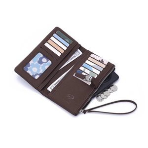 Deep brown PU leather long wallet for women with wristlet strap and phone storage