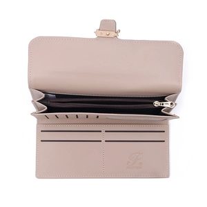 Women's long PU leather wallet featuring card slots and zipper pocket in beige