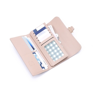 Three-fold light pink PU leather long wallet with multi-card slots and coin compartment