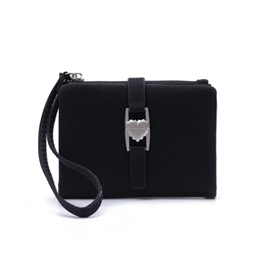 Detail of black twill fabric wallet featuring a silver heart-shaped metal buckle and strap