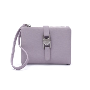 Lavender women's short wallet with heart buckle and wrist strap on white background