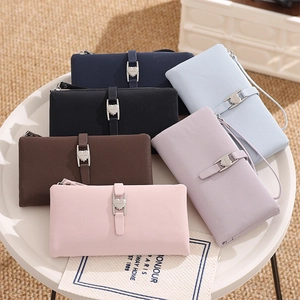 Long PU leather women wallets in six colors with heart-shaped metal lock and wrist strap