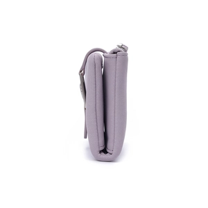 Side view of short purple folding wallet showing neat stitching and metal zipper detail