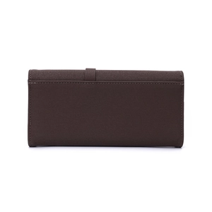 Brown long tri-fold PU leather wallet for women with minimalist textured finish