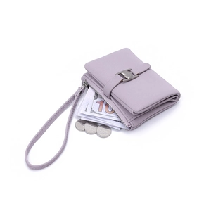 Lavender Saffiano faux leather women short wallet with heart buckle and wrist strap