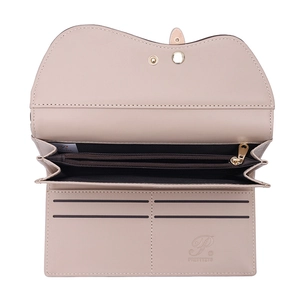 Pink PU leather clutch bag with multiple card slots and heart zipper shown in top view