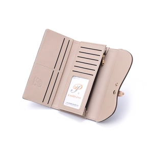 Detailed view of beige tri-fold wallet with multiple card slots and gold zipper closure