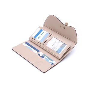 Women's multi-functional three-fold long PU leather wallet in soft beige with saddle flap