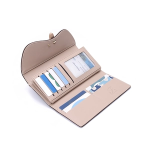 Detailed view of beige PU leather wallet interior with multiple card slots and gold clasp