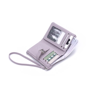 Short lavender PU leather wallet for women with cat charm and multiple card slots