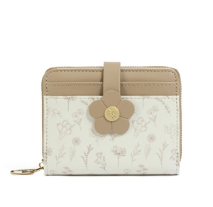 Close-up of a two-tone women's short wallet with floral print and heart-shaped zipper