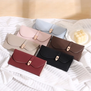 Elegant long PU leather women's tri-fold wallets in six colors with floral metal buckle