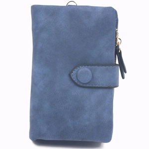 Blue matte suede wallet detail showing metal zipper and button closure with leather pull