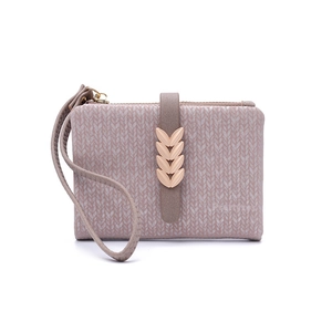 Dusty pink small floral wallet with gold wheat buckle and wrist strap on white background