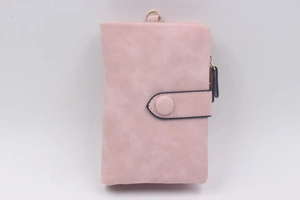 Pink frosted faux leather wallet with snap closure and gold metal ring detail