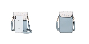 Détail recto-verso du sac bandoulière bleu à fleurs avec référence de taille iPhone