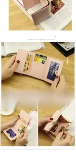 Pink PU leather wallet detail showing card slots, photo window and metal coin pocket