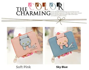 Short wallet for women with cute cat and fish design in pink and blue color options